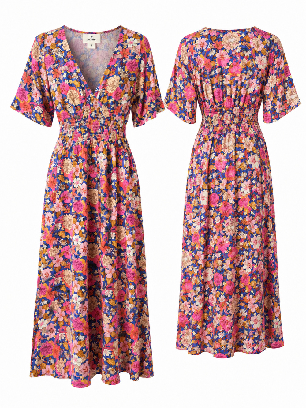 Rip Curl Women's Small Floral Maxi Dress Boho V-Neck Short Sleeve 100% viscose
